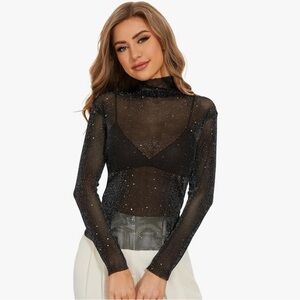 Elegant Black Glitter Sheer Blouse